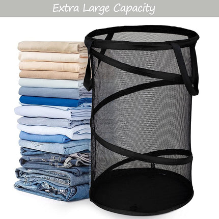 Collapsible Laundry Basket Foldable Mesh Pop Up Hamper with Handles for Laundry Room, Bathroom, Kids Room, College Dorm, Travel, Storage Organizer Black.