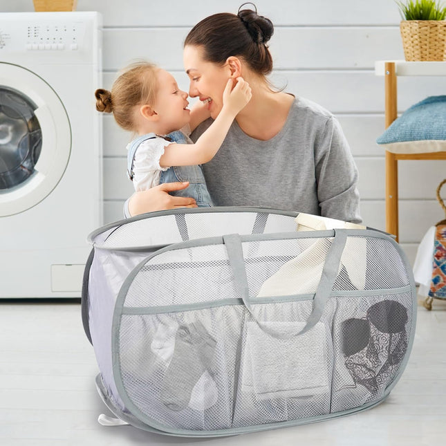 Collapsible Laundry Baskets, Upgrade Pop Up Laundry Hamper with Convenient Bags, Foldable Laundry Basket Mesh Light Weight, Easy to Carry Clothes Hampers for Laundry, Dorm, Toys, Travel Grey.