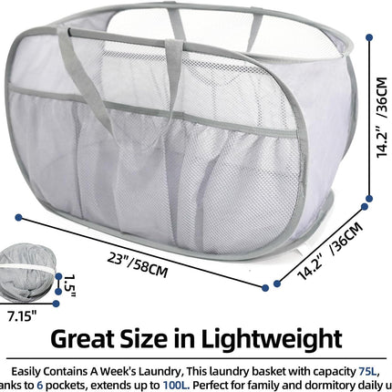 Collapsible Laundry Baskets, Upgrade Pop Up Laundry Hamper with Convenient Bags, Foldable Laundry Basket Mesh Light Weight, Easy to Carry Clothes Hampers for Laundry, Dorm, Toys, Travel Grey.