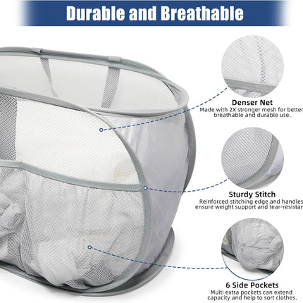 Collapsible Laundry Baskets, Upgrade Pop Up Laundry Hamper with Convenient Bags, Foldable Laundry Basket Mesh Light Weight, Easy to Carry Clothes Hampers for Laundry, Dorm, Toys, Travel Grey.