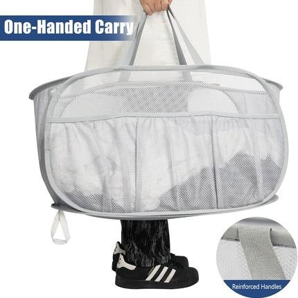 Collapsible Laundry Baskets, Upgrade Pop Up Laundry Hamper with Convenient Bags, Foldable Laundry Basket Mesh Light Weight, Easy to Carry Clothes Hampers for Laundry, Dorm, Toys, Travel Grey.