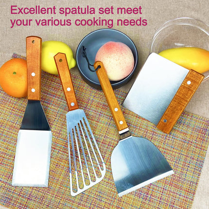 Spatula, Metal Spatulas Set, Stainless Steel Spatula, Fish Spatula Turner Cooking BBQ Grill Griddle Spatula, Metal Spatula for Cast Iron Skillet, Small Wide Kitchen Spatulas with Wood Handle.