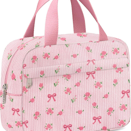 Small Makeup Bag for Purse Cute Corduroy Cosmetic Pouch with Zipper Travel Toiletry Bag for Women(Flower bow pink).