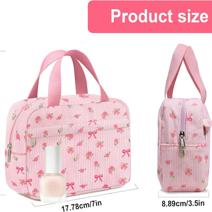 Small Makeup Bag for Purse Cute Corduroy Cosmetic Pouch with Zipper Travel Toiletry Bag for Women(Flower bow pink).