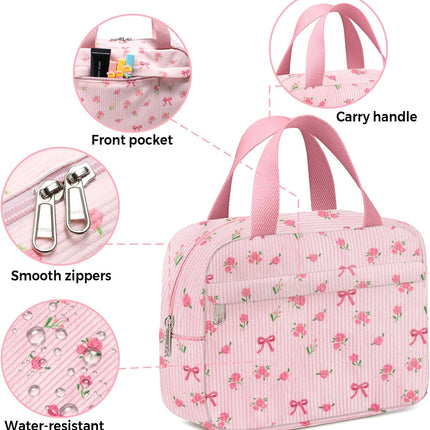 Small Makeup Bag for Purse Cute Corduroy Cosmetic Pouch with Zipper Travel Toiletry Bag for Women(Flower bow pink).