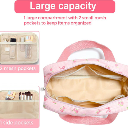 Small Makeup Bag for Purse Cute Corduroy Cosmetic Pouch with Zipper Travel Toiletry Bag for Women(Flower bow pink).