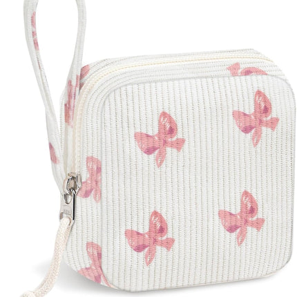 Small Makeup Bag | Discreet Period Bag Pad Pouch for Purse| Sanitary Napkin Storage & Tampon Holder for Travel(Bow pink).