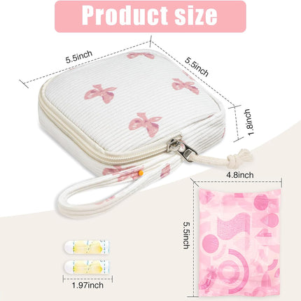 Small Makeup Bag | Discreet Period Bag Pad Pouch for Purse| Sanitary Napkin Storage & Tampon Holder for Travel(Bow pink).