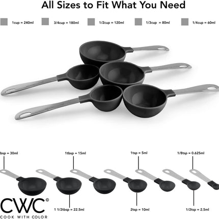 Measuring Cups Set and Measuring Spoon Set, Stainless Steel Handles, Nesting Kitchen Measuring Set, Liquid Measuring Cup Set, 12 PC Stainless Steel, Black.