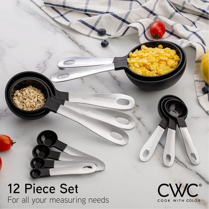 Measuring Cups Set and Measuring Spoon Set, Stainless Steel Handles, Nesting Kitchen Measuring Set, Liquid Measuring Cup Set, 12 PC Stainless Steel, Black.
