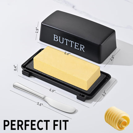 Butter Dish With Cover And Knife,Food Grade Plastic Butter Holder With Lid For Countertop,Black Dishwasher Safe Butter Storage Container.
