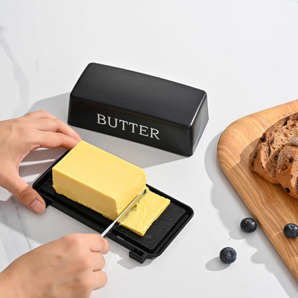 Butter Dish With Cover And Knife,Food Grade Plastic Butter Holder With Lid For Countertop,Black Dishwasher Safe Butter Storage Container.