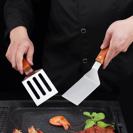 2 PCS Metal Spatula for Cast Iron Skillet, Stainless Steel Grill Spatula Slotted Turner Fish with Wood Handle Flat Top Griddle for Cooking BBQ.