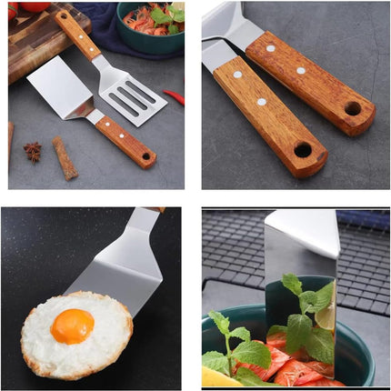 2 PCS Metal Spatula for Cast Iron Skillet, Stainless Steel Grill Spatula Slotted Turner Fish with Wood Handle Flat Top Griddle for Cooking BBQ.