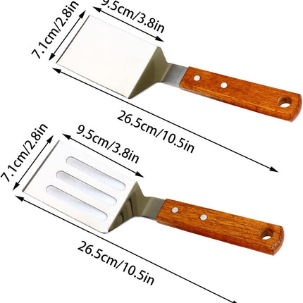2 PCS Metal Spatula for Cast Iron Skillet, Stainless Steel Grill Spatula Slotted Turner Fish with Wood Handle Flat Top Griddle for Cooking BBQ.