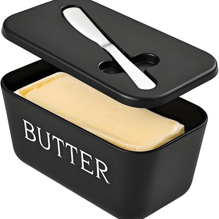 Large Plastic Butter Dish With Lid And Knife,Food Grade PP Butter Holder Keeper With Cover For Kitchen Refrigerator Black Butter Container.