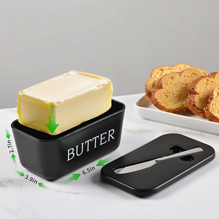 Large Plastic Butter Dish With Lid And Knife,Food Grade PP Butter Holder Keeper With Cover For Kitchen Refrigerator Black Butter Container.