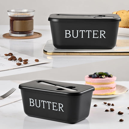 Large Plastic Butter Dish With Lid And Knife,Food Grade PP Butter Holder Keeper With Cover For Kitchen Refrigerator Black Butter Container.