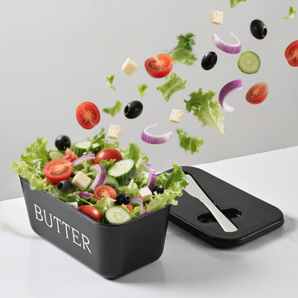 Large Plastic Butter Dish With Lid And Knife,Food Grade PP Butter Holder Keeper With Cover For Kitchen Refrigerator Black Butter Container.