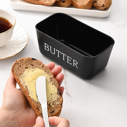 Large Plastic Butter Dish With Lid And Knife,Food Grade PP Butter Holder Keeper With Cover For Kitchen Refrigerator Black Butter Container.