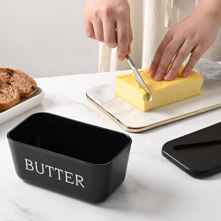 Large Plastic Butter Dish With Lid And Knife,Food Grade PP Butter Holder Keeper With Cover For Kitchen Refrigerator Black Butter Container.