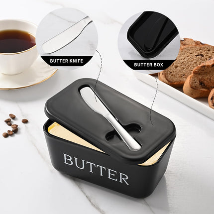 Large Plastic Butter Dish With Lid And Knife,Food Grade PP Butter Holder Keeper With Cover For Kitchen Refrigerator Black Butter Container.
