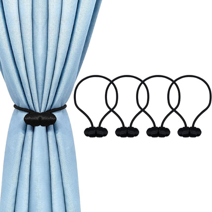 Black Magnetic Curtain Tiebacks - 4pcs Decorative Curtain Tie Backs, No Drill Closure Drapery Tiebacks Holdbacks, Boho Drapes Straps Ropes for Bedroom, Bathroom, Farmhouse Decor.