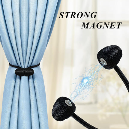 Black Magnetic Curtain Tiebacks - 4pcs Decorative Curtain Tie Backs, No Drill Closure Drapery Tiebacks Holdbacks, Boho Drapes Straps Ropes for Bedroom, Bathroom, Farmhouse Decor.