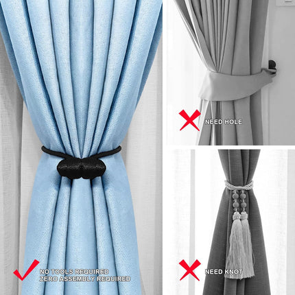 Black Magnetic Curtain Tiebacks - 4pcs Decorative Curtain Tie Backs, No Drill Closure Drapery Tiebacks Holdbacks, Boho Drapes Straps Ropes for Bedroom, Bathroom, Farmhouse Decor.