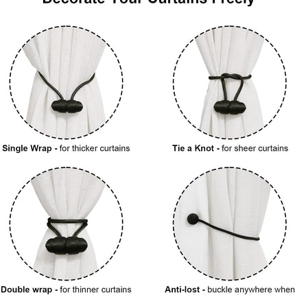 Black Magnetic Curtain Tiebacks - 4pcs Decorative Curtain Tie Backs, No Drill Closure Drapery Tiebacks Holdbacks, Boho Drapes Straps Ropes for Bedroom, Bathroom, Farmhouse Decor.