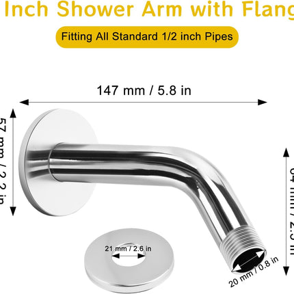 Shower Arm Flange Shower Pipe Arm 6 Inches Shower Head Mount 304 Stainless Steel Shower Handle Replacement Wall Mount Shower Neck for Fixed Shower Head & Handheld Showerhead (Silver).