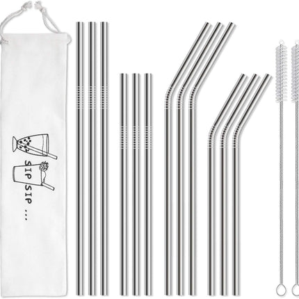 12-Pack Reusable Stainless Steel Metal Straws with Case - Long Drinking Straws for 30 oz and 20 oz Tumblers Dishwasher Safe - 2 Cleaning Brushes Included.