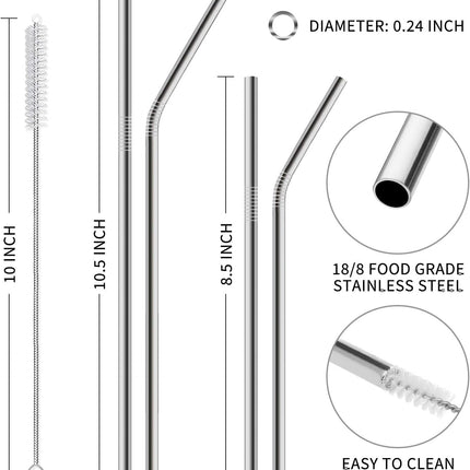 12-Pack Reusable Stainless Steel Metal Straws with Case - Long Drinking Straws for 30 oz and 20 oz Tumblers Dishwasher Safe - 2 Cleaning Brushes Included.