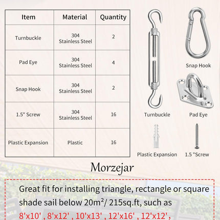Sun Shade Sail Hardware Kit, 304 Stainless Steel Sunshades Canopy Installation Kit for Garden Rectangle & Triangle Shade Sails, Heavy Duty Shade Sail Fixing Accessories, Awning Attachment Set.