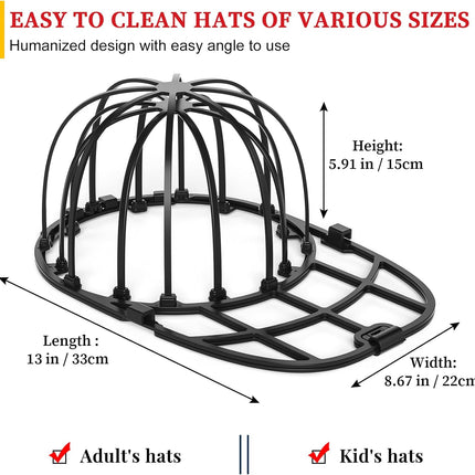 Hat Washer Cage for Washing Machine & Dishwasher- Ball Cap Washer for Baseball Caps & Hats, Baseball Cap Cleaner and Shaper, Fits Adult/Kids Caps (Black).