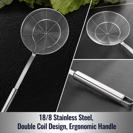 Solid Stainless Steel Spider Strainer Skimmer Ladle for Cooking and Frying, Kitchen Utensils Wire Strainer Pasta Spoon, 5.4 Inch.