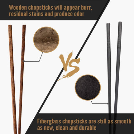 10 Pairs Fiberglass Chopsticks - Reusable Chopsticks Dishwasher Safe, 9 1/2 Inches - Black.