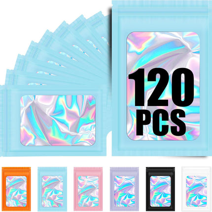 120PCS Smell Proof Mylar Bags,7.8"x11.8" Resealable Bag for Small Business,Holographic Packaging Bags with Clear Window,Foil Pouch Sample Snack Candy Jewelry Bag for Party Favors(Blue).