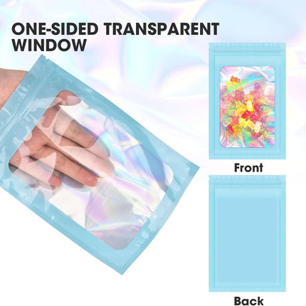 120PCS Smell Proof Mylar Bags,7.8"x11.8" Resealable Bag for Small Business,Holographic Packaging Bags with Clear Window,Foil Pouch Sample Snack Candy Jewelry Bag for Party Favors(Blue).