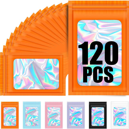 120PCS Smell Proof Mylar Bags,7.8"x11.8" Resealable Bag for Small Business,Holographic Packaging Bags with Clear Window,Foil Pouch Sample Snack Candy Jewelry Bag for Party Favors(Orange).