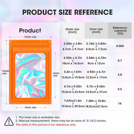 120PCS Smell Proof Mylar Bags,7.8"x11.8" Resealable Bag for Small Business,Holographic Packaging Bags with Clear Window,Foil Pouch Sample Snack Candy Jewelry Bag for Party Favors(Orange).