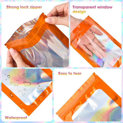 120PCS Smell Proof Mylar Bags,7.8"x11.8" Resealable Bag for Small Business,Holographic Packaging Bags with Clear Window,Foil Pouch Sample Snack Candy Jewelry Bag for Party Favors(Orange).