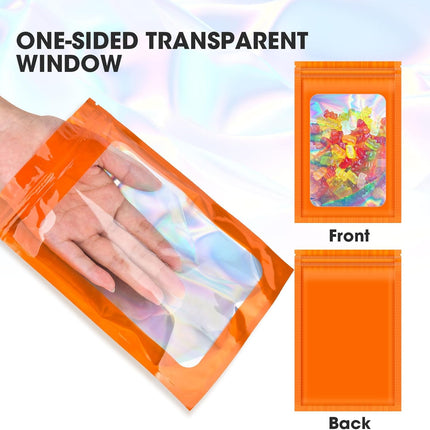 120PCS Smell Proof Mylar Bags,7.8"x11.8" Resealable Bag for Small Business,Holographic Packaging Bags with Clear Window,Foil Pouch Sample Snack Candy Jewelry Bag for Party Favors(Orange).
