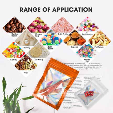 120PCS Smell Proof Mylar Bags,7.8"x11.8" Resealable Bag for Small Business,Holographic Packaging Bags with Clear Window,Foil Pouch Sample Snack Candy Jewelry Bag for Party Favors(Orange).