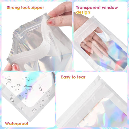 120PCS Smell Proof Mylar Bags,7.8"x11.8" Resealable Bag for Small Business,Holographic Packaging Bags with Clear Window,Foil Pouch Sample Snack Candy Jewelry Bag for Party Favors(White).