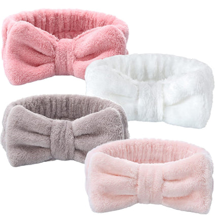 4 Pack Spa Headband for Washing Face, Girls Makeup Bow Tie Hair Band, Microfiber Women Headbands, Elastic Headband to Skincare, Gifts for Teen Girls- White, Brown, Rose Pink, Light Pink.