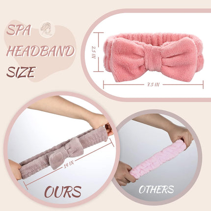 4 Pack Spa Headband for Washing Face, Girls Makeup Bow Tie Hair Band, Microfiber Women Headbands, Elastic Headband to Skincare, Gifts for Teen Girls- White, Brown, Rose Pink, Light Pink.