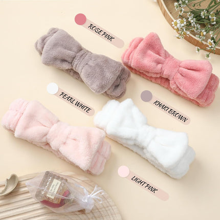 4 Pack Spa Headband for Washing Face, Girls Makeup Bow Tie Hair Band, Microfiber Women Headbands, Elastic Headband to Skincare, Gifts for Teen Girls- White, Brown, Rose Pink, Light Pink.