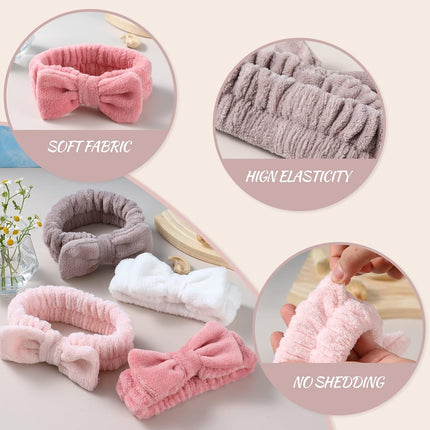 4 Pack Spa Headband for Washing Face, Girls Makeup Bow Tie Hair Band, Microfiber Women Headbands, Elastic Headband to Skincare, Gifts for Teen Girls- White, Brown, Rose Pink, Light Pink.