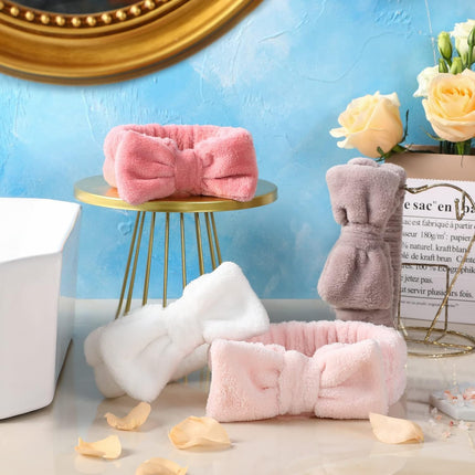 4 Pack Spa Headband for Washing Face, Girls Makeup Bow Tie Hair Band, Microfiber Women Headbands, Elastic Headband to Skincare, Gifts for Teen Girls- White, Brown, Rose Pink, Light Pink.